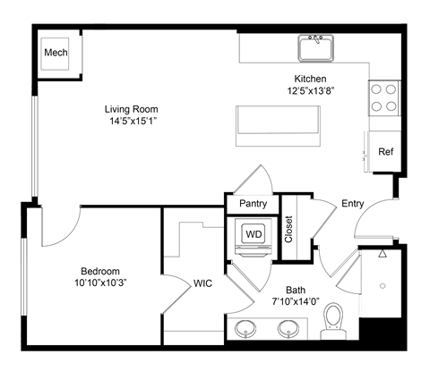Floor plan for 1 bed, 1 bath, 725 sqft
